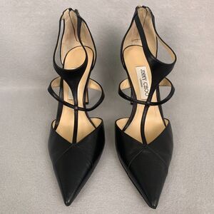 Jimmy Choo Black T-Strap Pointed Heels EU 40 Leather Elegant Night Out Glamour